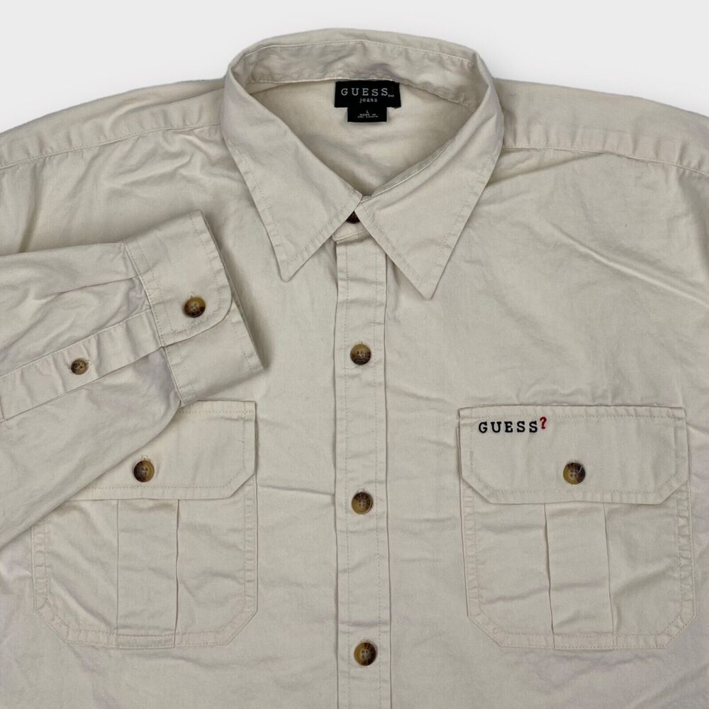 VINTAGE 90s Guess Shirt Mens Large Cream Twill Button Up Logo Casual Classic Fit